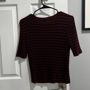 UNIQLO Burgundy and Navy Stripe Crew Neck Short Sleeve Sweater